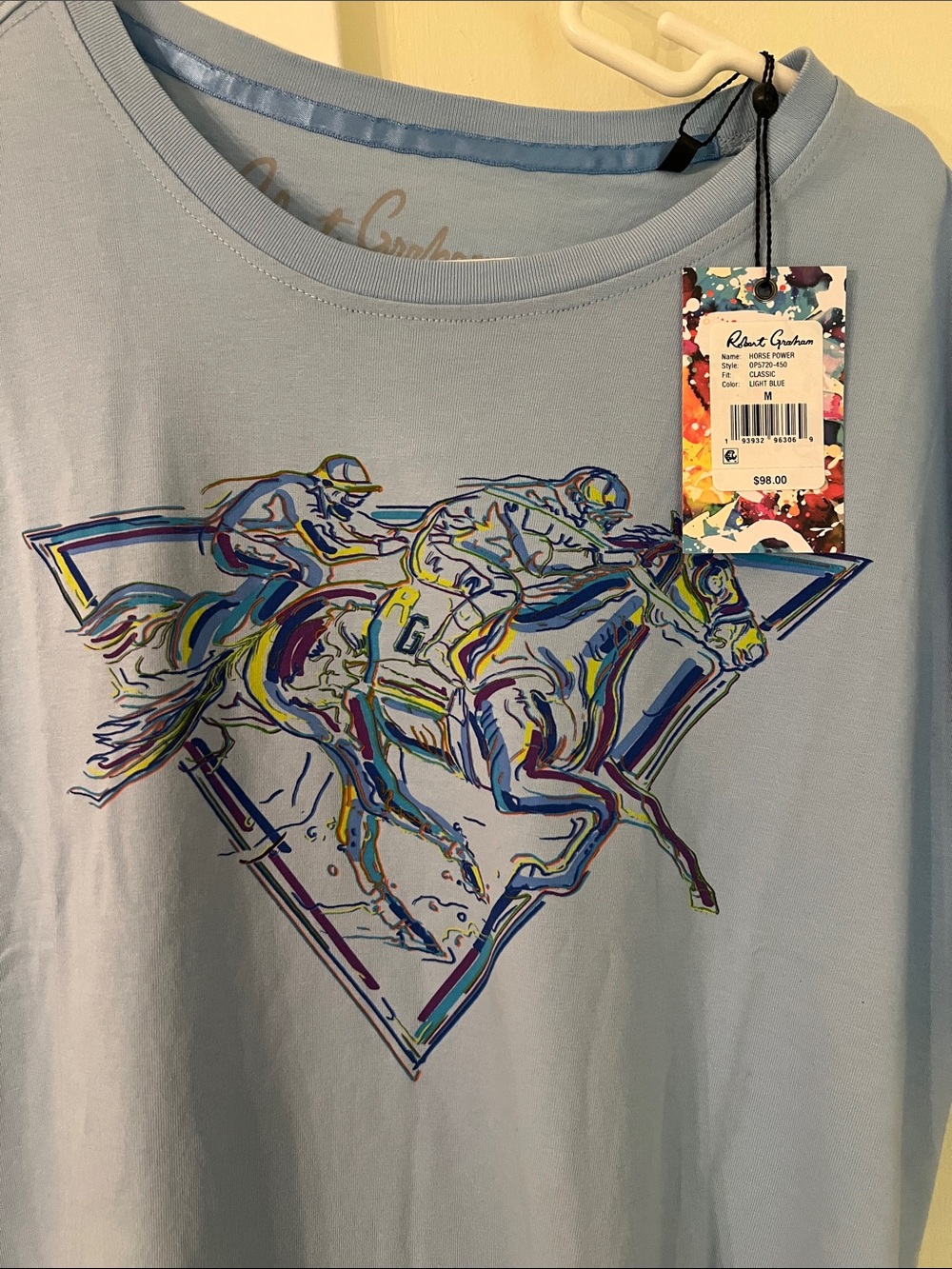 Robert Graham Light Blue Short Sleeve Tee with Colorful Racing Print